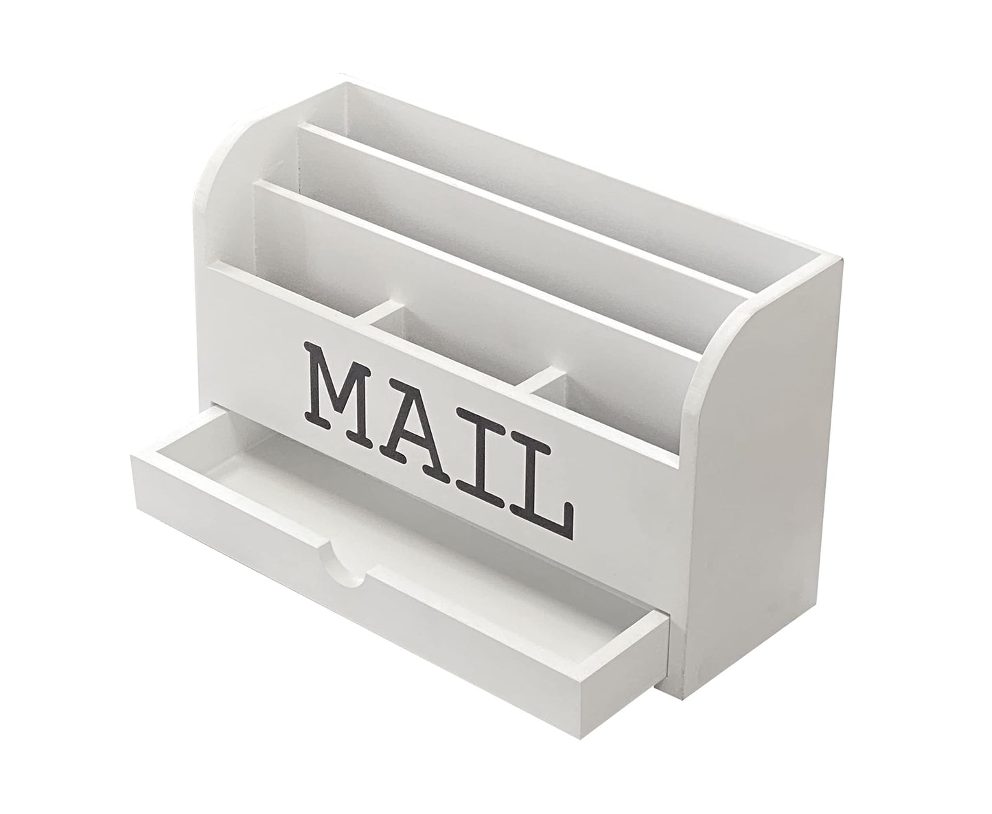 Cregugua White Desk Organizer Wooden Mail Storage box for tabletop office home,5 compartments with Drawer (4x11.8x7 in)