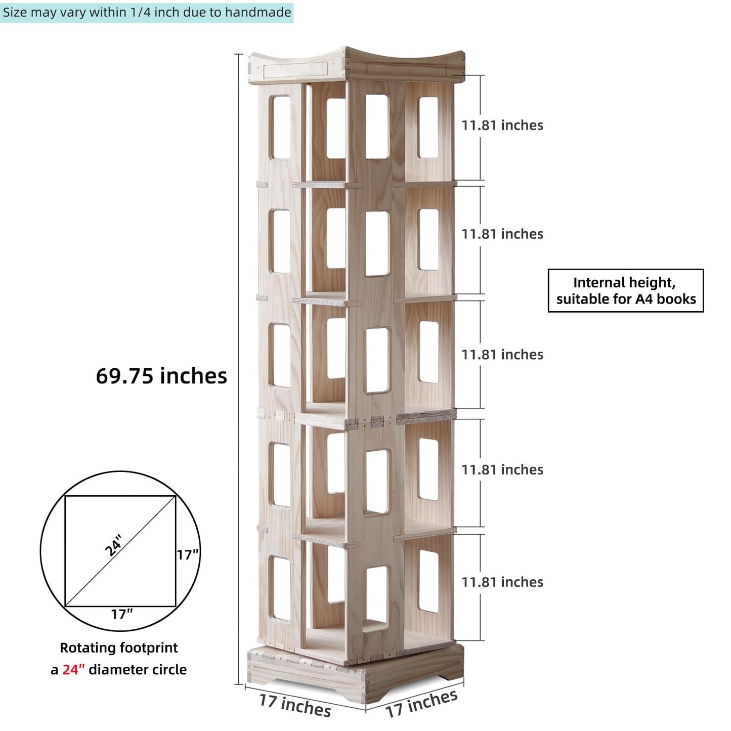 unununu Wooden Rotating Bookshelf, Larger Solid Wood Revolving Bookcase,360°Spinning Book Shelf Tower,Floor Standing Storage Rack,Corner Organizer for Small Space,Study,Office,17"x17"x69.75"(5-Tier)