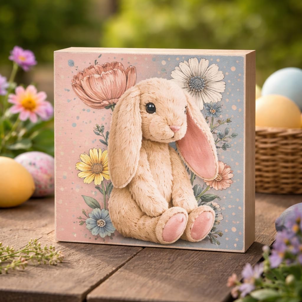 Easter Bunny Wooden Block Sign, Cute Floral Spring Farmhouse Decor Shelf Sitter for Table Mantel Tiered Tray, Pastel Easter Home Accent Gift
