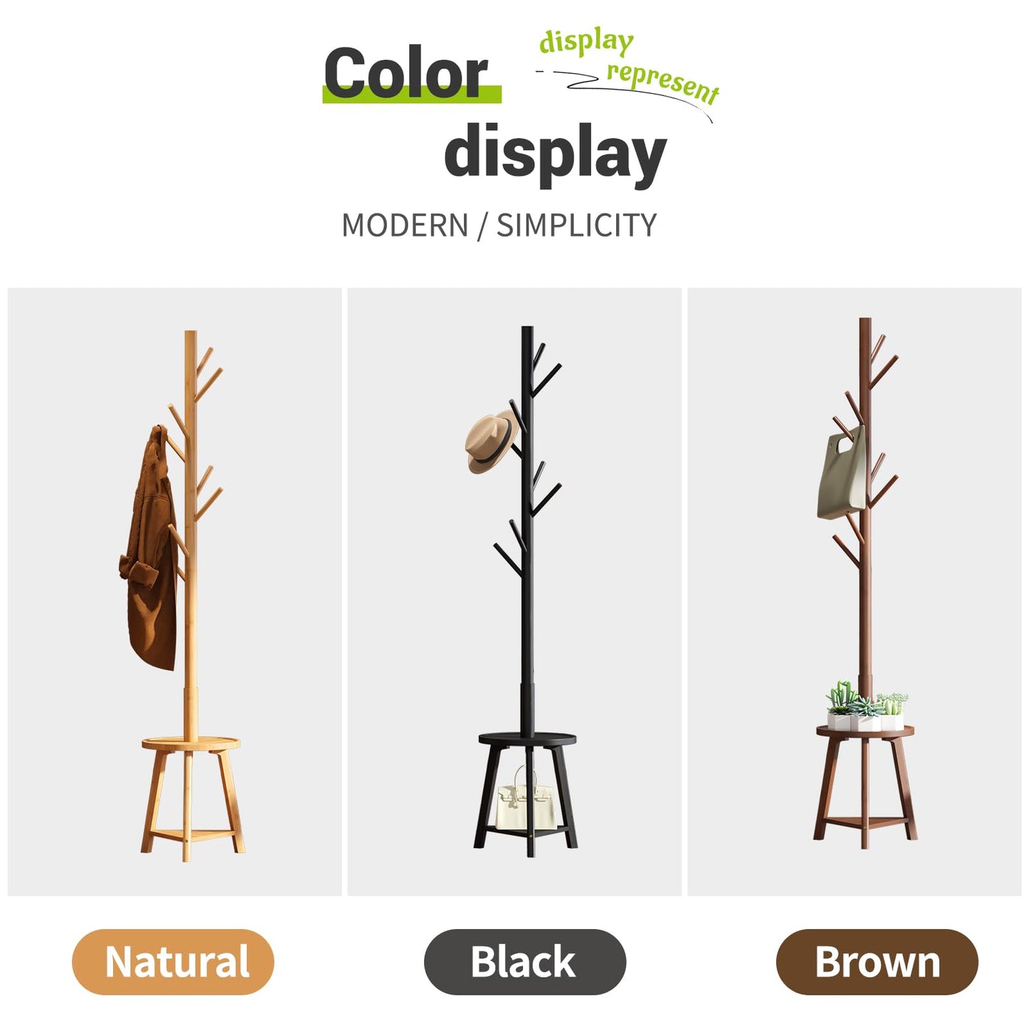 BMOSU Coat Rack freestanding Stand with 2 Shelves Bamboo Wooden Coat Tree Easy Assembly 8 Hooks Standing Jackets Hanger Hallway Office Floor Coat Stand Brown