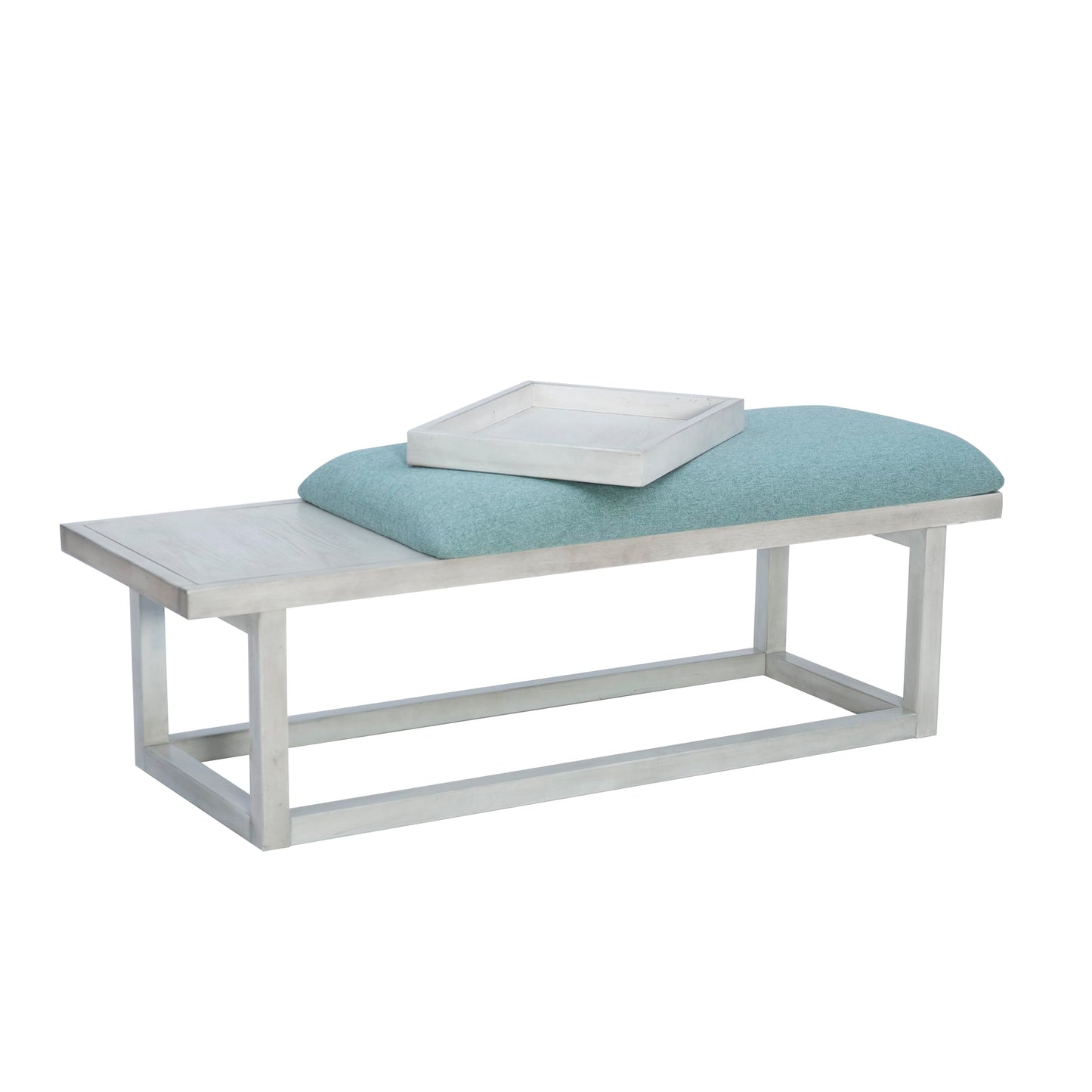 Powell Oakland White Washed Wooden Bench with Aqua Upholstered Seat and Removable Wood Tray