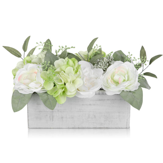 DILATATA Flower Arrangement with Wooden Vase 10" Artificial Flowers in Pot - Fake Flowers in White Rectangular Wooden Vase Potted Faux Flower Centerpieces for Table Decor Living Room - White