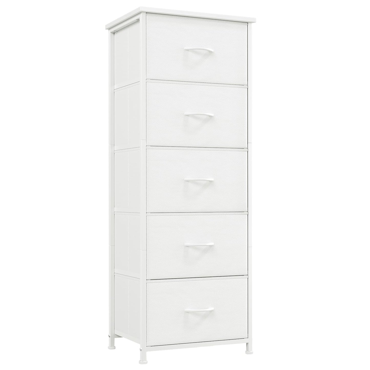 Somdot Tall Dresser for Bedroom with 5 Drawers, Storage Organizer Chest of Drawers with Removable Fabric Bins for Closet Bedside Living Room Laundry Entryway Hallway, White Leather