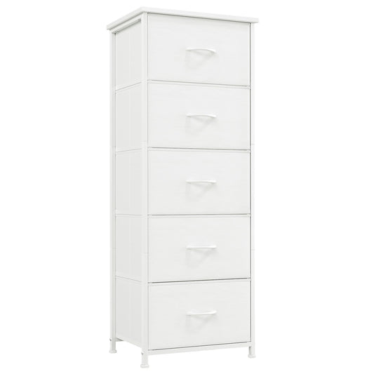 Somdot Tall Dresser for Bedroom with 5 Drawers, Storage Organizer Chest of Drawers with Removable Fabric Bins for Closet Bedside Living Room Laundry Entryway Hallway, White Leather