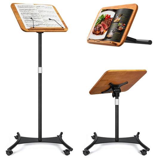2 in 1 Dual-use Music Stand & Desktop Book Stand, Adjustable Height 16.5"-51", 100% Solid Wood Laptop Floor Stand Book Holder with Elastic Page Clips for Cookbooks (Brown-Wheeled)