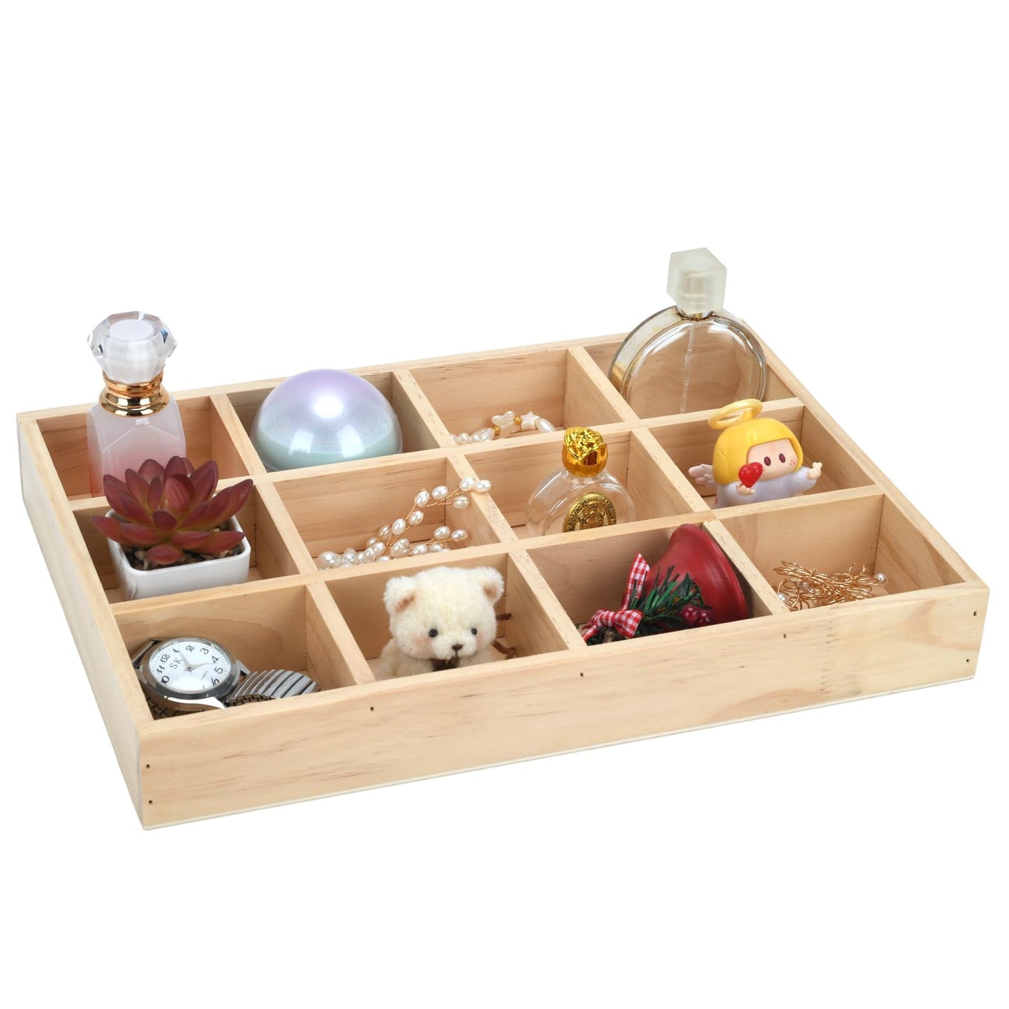 Natural Wooden Sorting Tray,Multi-Grid Sectional Organizer Tray,Sturdy Wood Divided Storage Tray for Jewelry,Beads,Game Pieces,Craft Supplies,Small Parts Sorting & Home Desktop Organization (Wood)