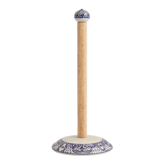 Tunis Freestanding Ceramic and Wood Paper Towel Holder Countertop - Ceramic Napkin Roll & Paper Towel Stand for Kitchen Table - Stand Alone Wooden Papertowel Kitchen Roll Holder - African Home Decor