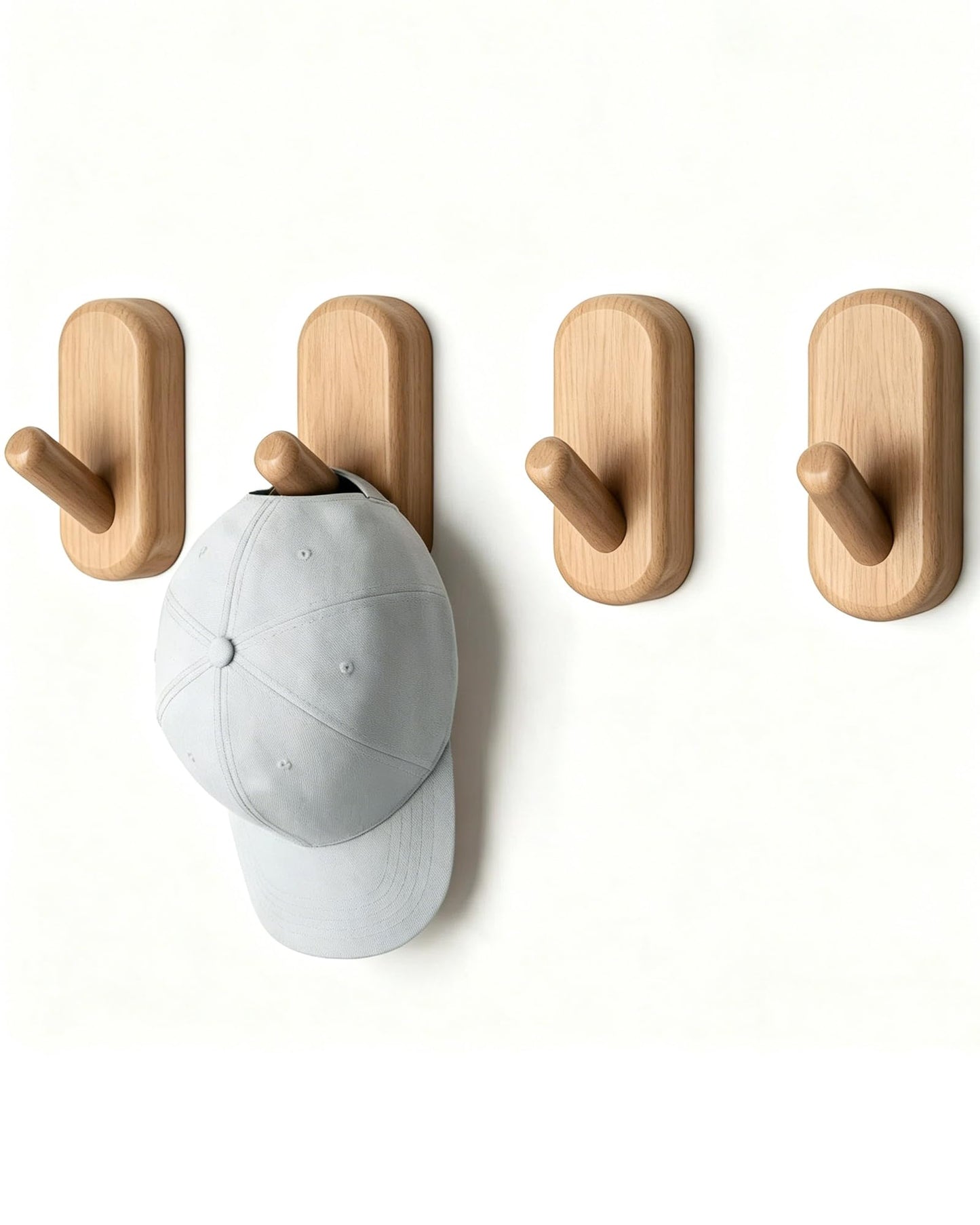 FCOWK Wooden Wall Hooks for Hanging - 4 Pack Heavy Duty Coat Hooks Wall Mount- Solid Natural Wood Hat, Bag, Backpack & Towel Hooks - Modern Key Holder for Bathroom & Entryway (Beech)