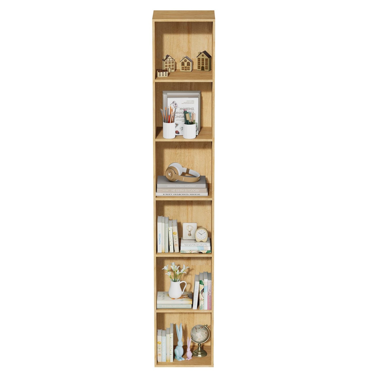 Nestwise 6 Tier Bookshelf, Open Tall Narrow Floor Standing Bookcase, Storage Organizer Bookshelves Freestanding Book Shelf for Living Room, Bedroom, Home Office (Oak, 6 Cube)