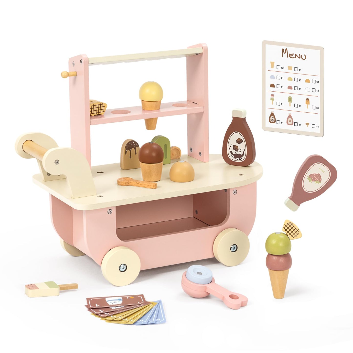 OOOK Wooden Ice Cream Cart for Kids, Ice Cream Truck Toy with Scooper & Wheels, Play Kitchen Accessories for Pretend Play with Menu & Pretend Money, Imaginative Preschool Toys for Girls & Boys 3+