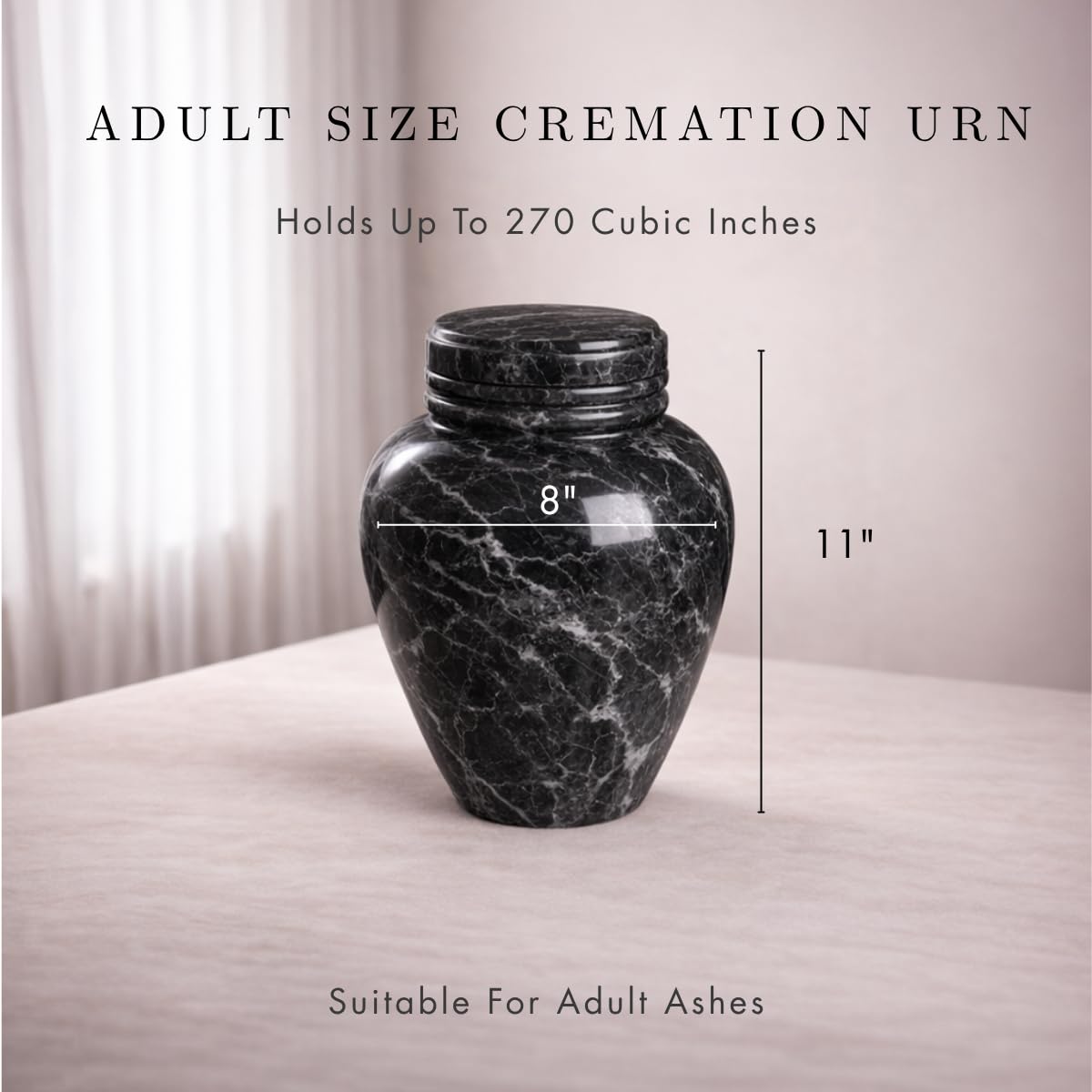 Bey-Berk Deering Moments Marble Cremation Urn for Human Ashes, Adult Size, Large (Black)