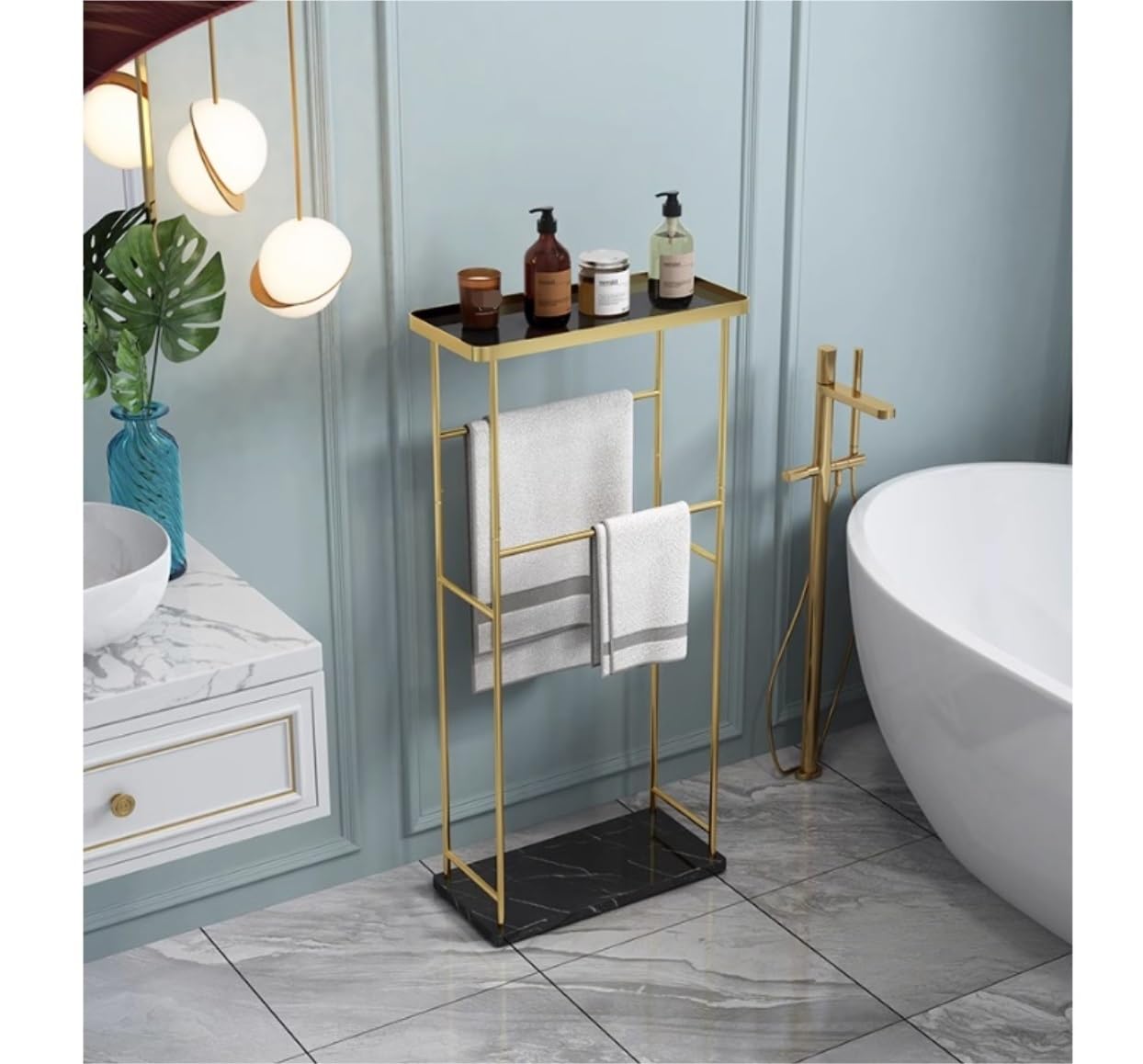 BIOMICE Floor Towel Rack 2 Tier Iron Towel Stand with Marble Base and Glass Countertop Freestanding Towel Rack Nordic Towel Holder for Bathroom Freestanding Towel Racks