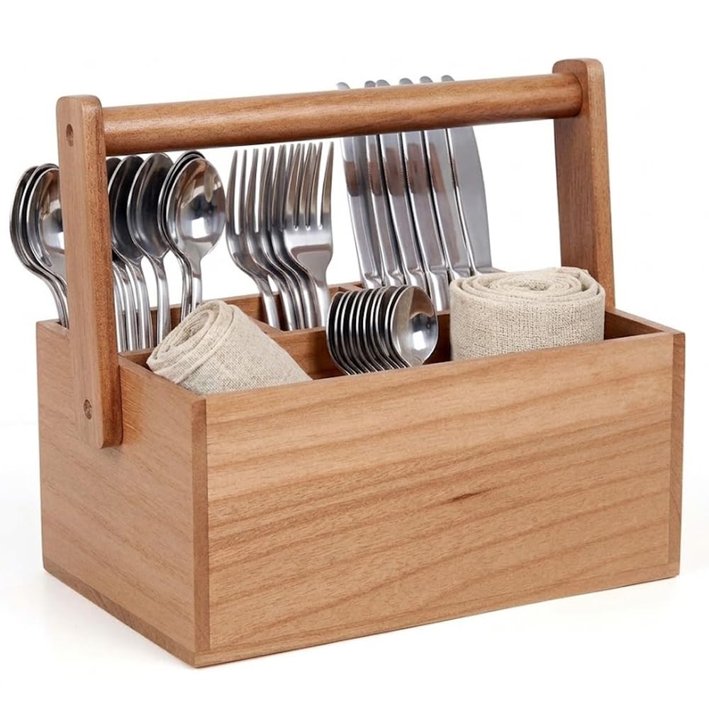 Silverware Caddy with Handle Acacia Paper Plate Holders Wooden Utensil Holder Mulip-Purpose Organizer Picnic Utensil Caddy for Party Home Kitchen Office Bathroom Bedroom RV
