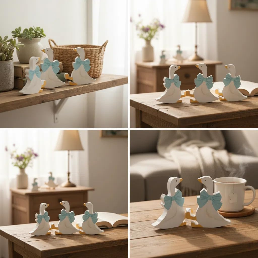 6Pcs Silly Goose Wooden Table Centerpieces, Funny Goose Decorations with Pink Bow, Farm Animal Party Supplies for Birthday, Baby Shower, Tiered Tray & Desk Ornaments