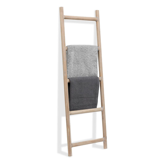 FUIN Fully Assembled 5ft Wood Blanket Ladder Living Room Decorative Wall Leaning Farmhouse Quilt Display Holder Rustic Wooden Towel Rack for Bathroom, Natural & Graywashed