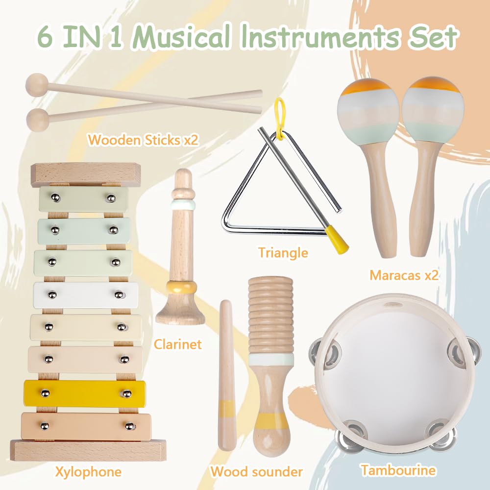Baby Musical Instruments-Montessori Wooden Toys for Toddlers,Neutral Colors Percussion Instruments Set with Modern Boho Xylophone for Kids Preschool Educational (Neutral)