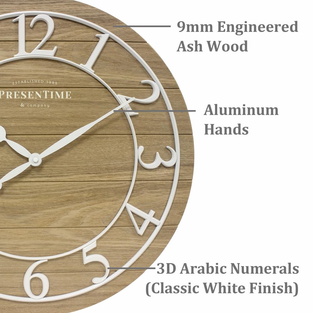 Presentime & Co Classic Farmhouse Shiplap Clock, 19.5 inch, White Arabic Numerals with Ash Wood Shiplap Style. Large Farmhouse Decor for Living Room, Entryway, Home Office, Wall Décor