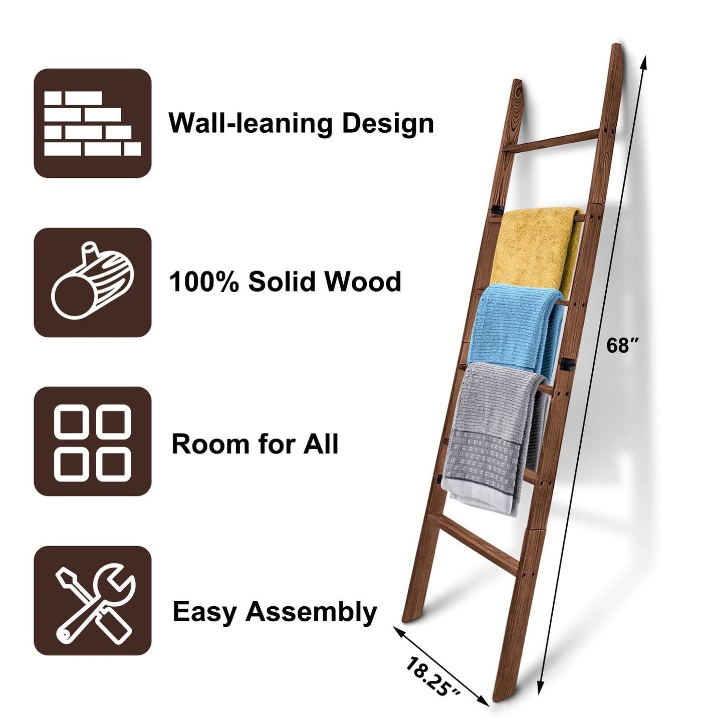 Zelbuck Blanket Ladder for Living Room and Bedroom,6-Tier Decorative Display Ladder Shelf,Ladder Rack for Storage and Decor,Wall Leaning Farmhouse Blanket Storage,Towel Rack, Bathroom,Brown