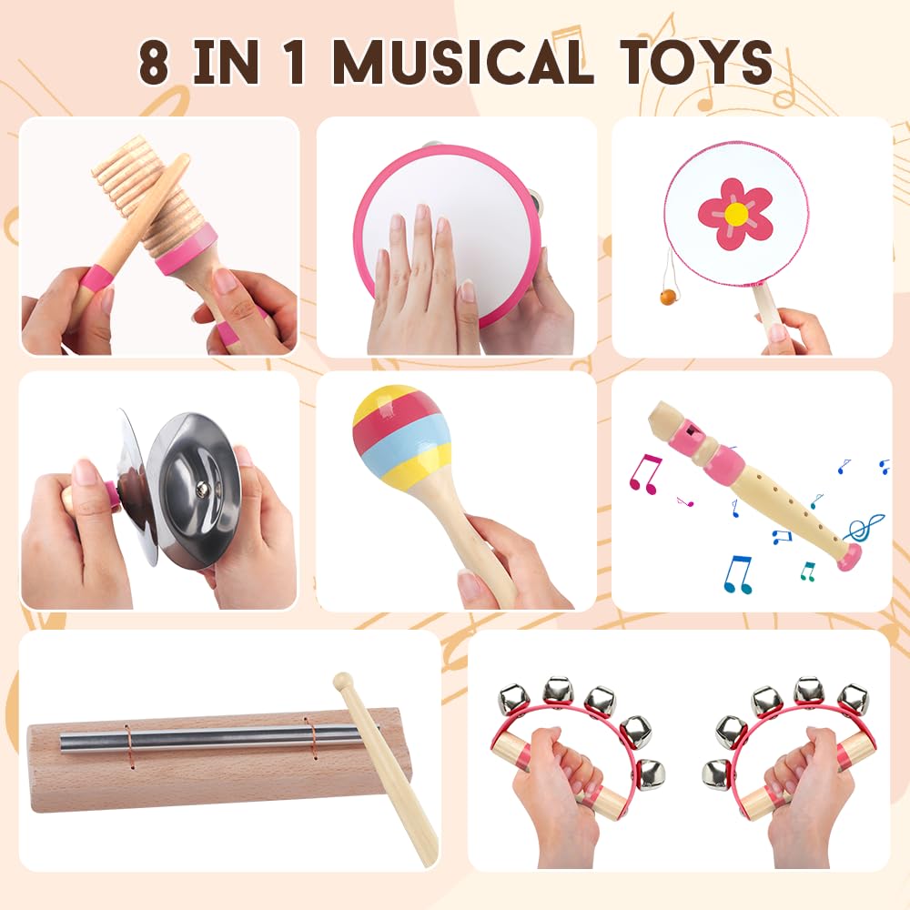 Toddlers Musical Instruments for 18 Month+ Girl,Baby Montessori Wooden Musical Toys for Toddlers,Kids Musical Toy for Preschool,Christmas Birthday Gift for Baby Girls Pink 8 in 1
