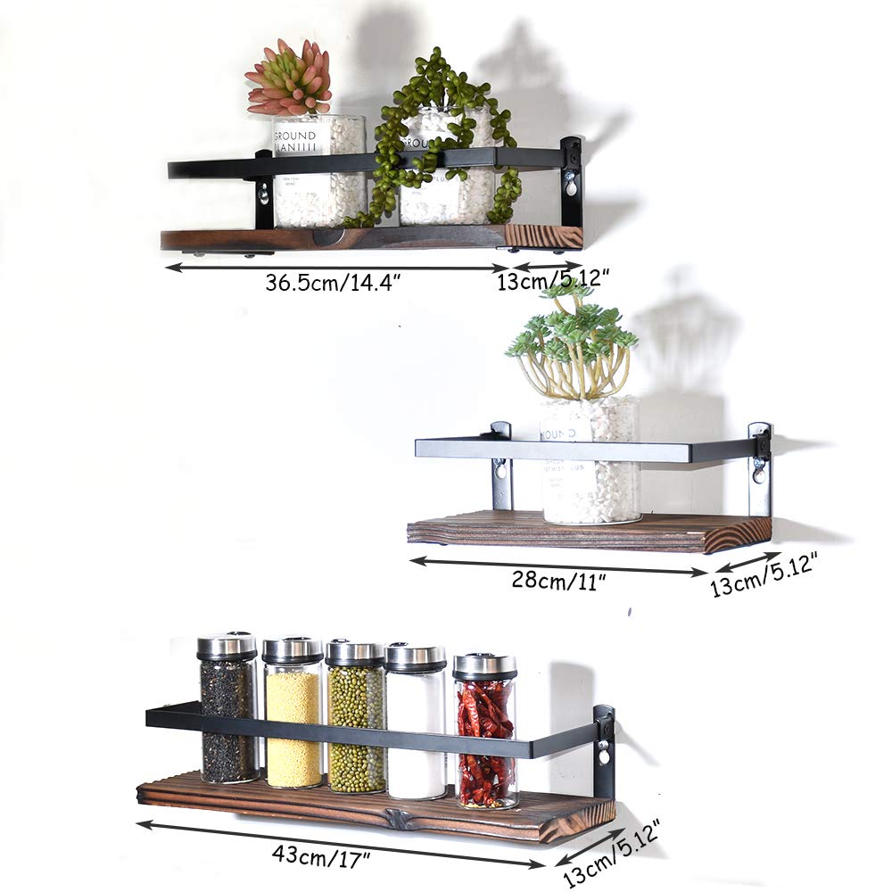 PHUNAYA Floating Shelves Rustic Wood Wall Mounted Shelf Practical Metal Fence Design Ideal for Bedroom, Bathroom, Kitchen Set of 3(Brown)