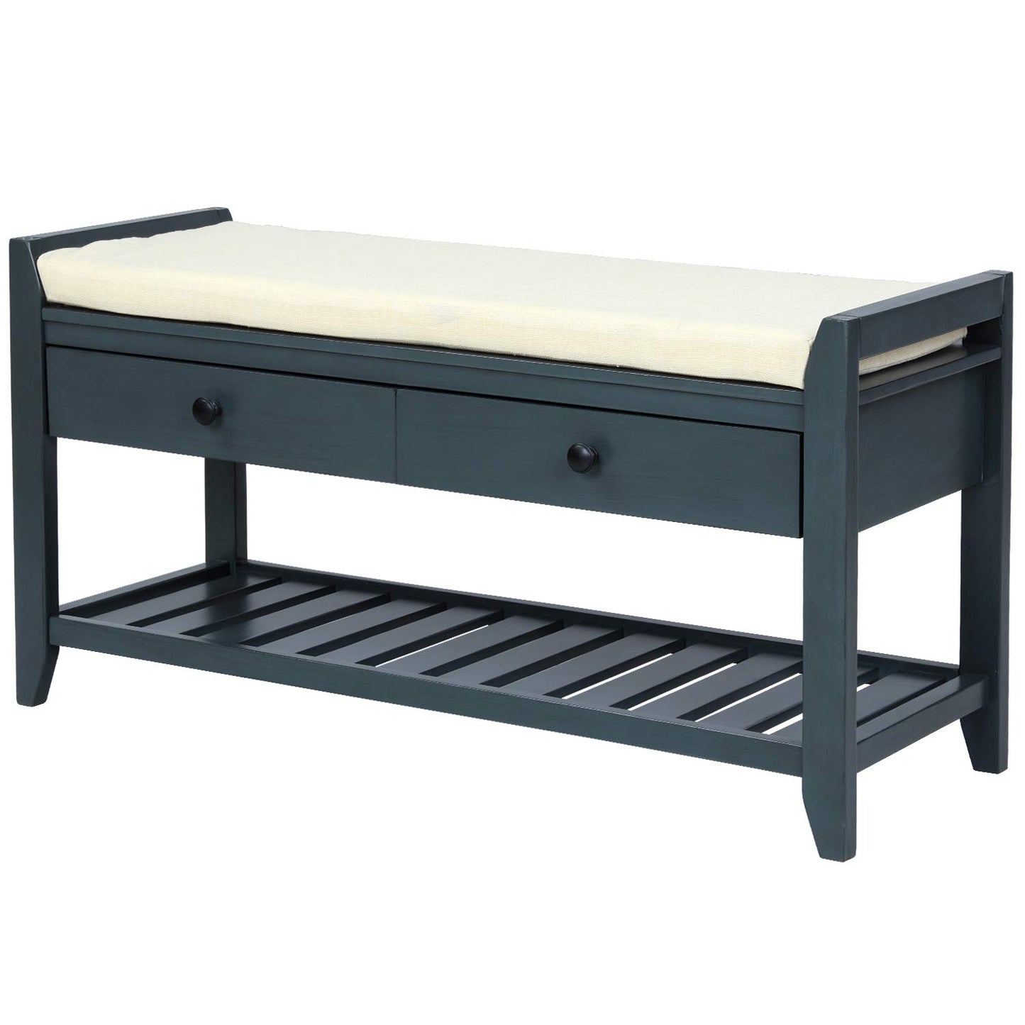 SPOFLYINN Shoe Bench, Entryway Storage Benches with Cushion Seating and Storage Drawers, Multipurpose Wooden Shoe Bench with Bottom Shelf for Entryway Hallway Living Room Bedroom Antique Navy