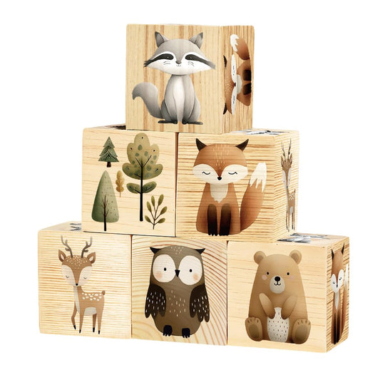 UNICRAFTALE 6Pcs Owl Deer Care Bear Nursery Decor Blocks Watercolor Wooden Shelf Decor Arboreal Animal Theme Display Building Block Decorations Cube Decorations for Home Office Desk 1.57"x1.57"