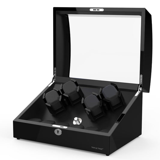 Watch Winder for 4 Automatic Watches, with Extra 6 Watch Storages, LED Illumination, Wood Shell Piano Finish, Silent Motor, Flexible Watch Pillow and USB Cable