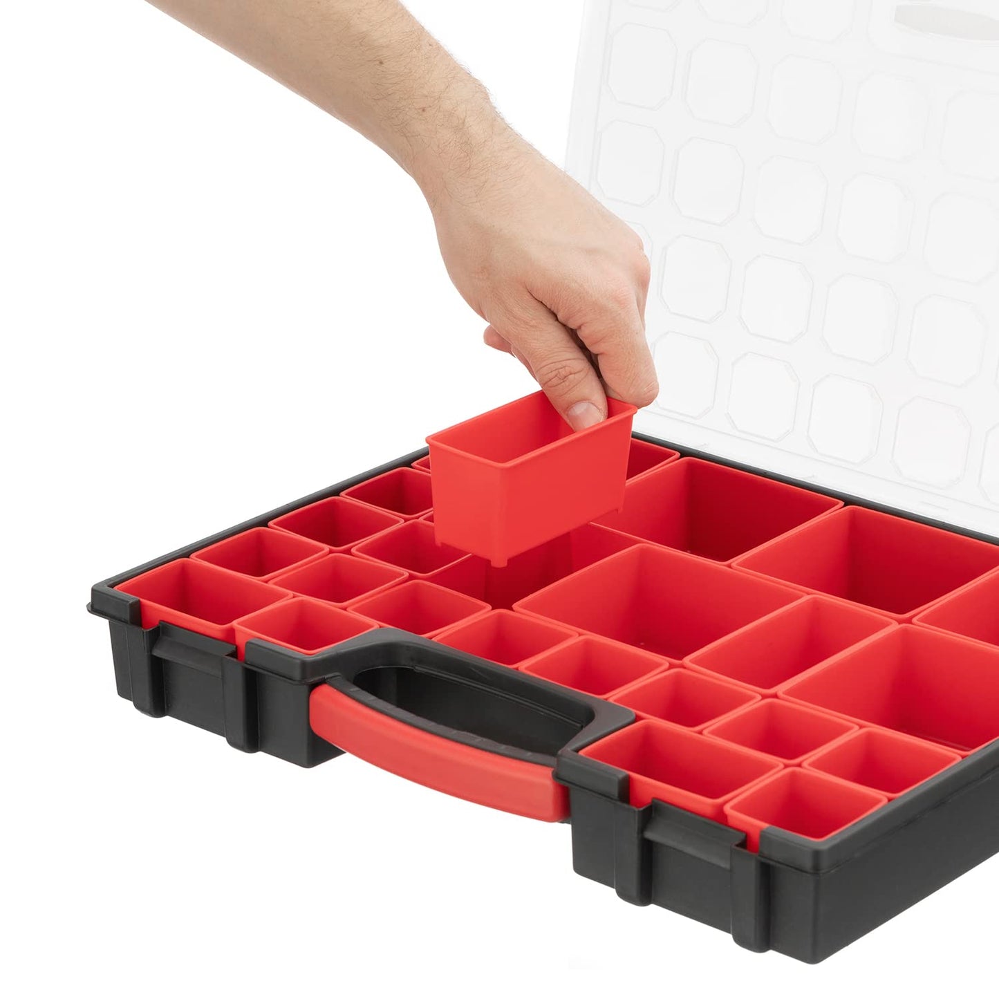 INTERTOOL Hardware Organizer with 24 Removable Bins - Small Parts Storage Tool Box for Nuts, Bolts, Screws, Nails - Portable Handle Transparent Lid with Locks BX08-4033
