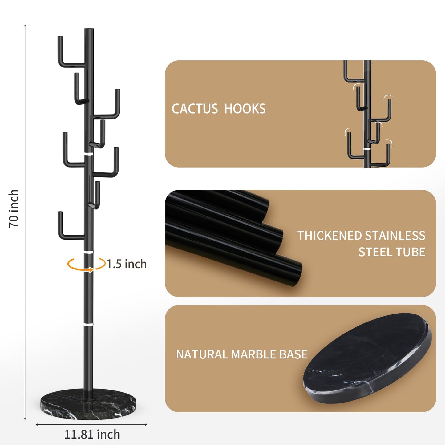 LOZABEE Modern Metal Coat Rack Stand with Natural Marble Base, Heavy Duty Coat Rack Freestanding with 8 Hooks, Black Cactus Standing Coat Racks for Bag, Jacket, Entryway Office (Black Cactus)