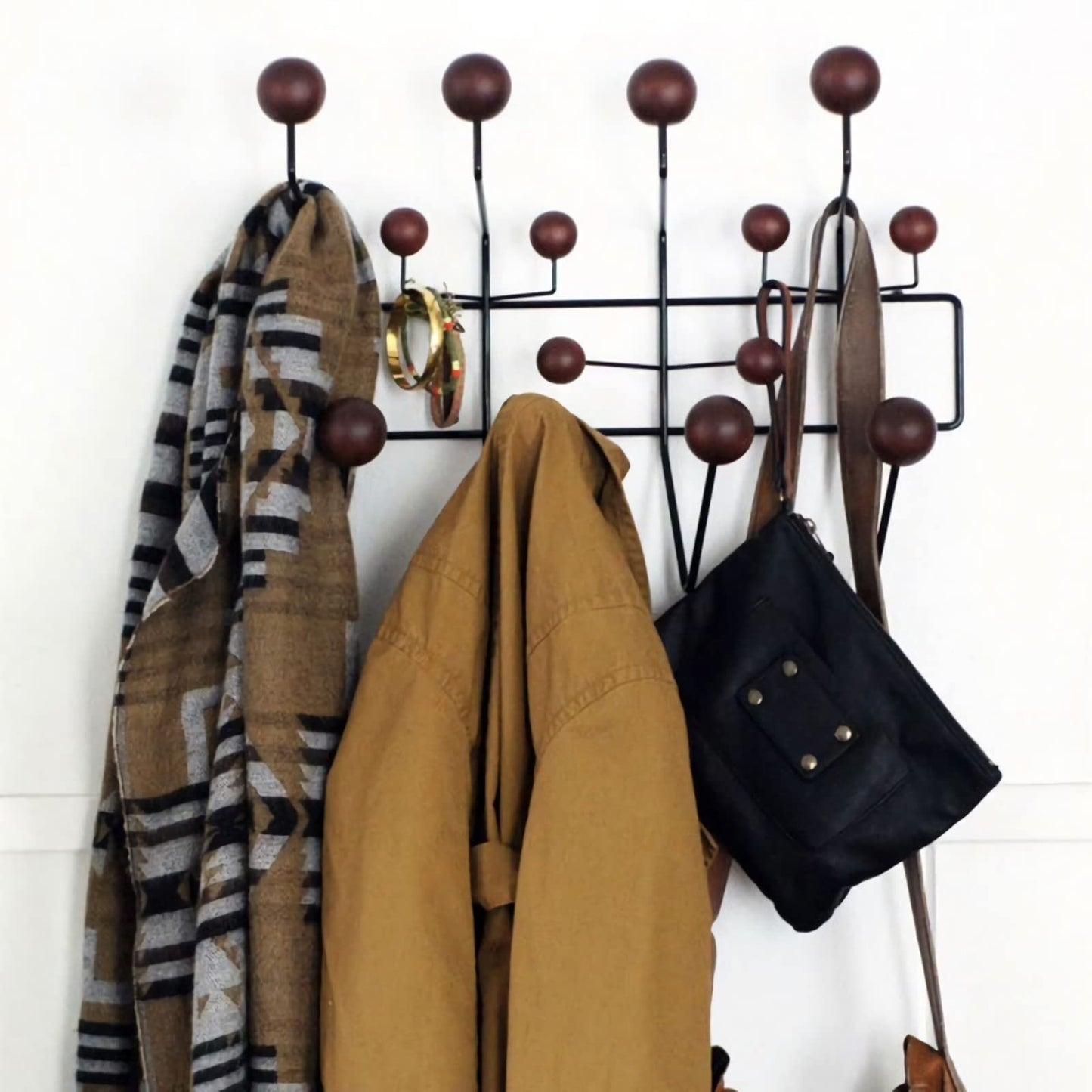 SHISEDECO Classic Hang it All Coat Rack, Mid Century Modern Wall Mounted Hooks with Painted Solid Wooden Balls, Decorative Creative Fashion Wood Hanger for Home, Bedroom (Dark Walnut)