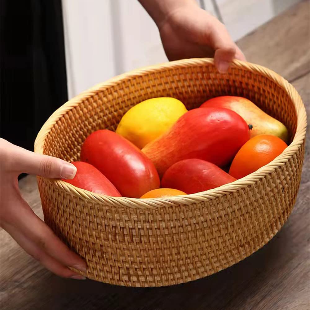 12 inch Oval Rattan Bread Basket, Deep Basket Tray with 4 Inch Wall and Painting Pattern Wooden Bottom, Decorative Wicker Basket Bowl for Coffee Table Décor, Kitchen, Bedroom, Brown, I-lan