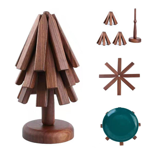 Wooden Tree Trivets for Hot Dishes, Tree Coasters Set for Hot Pot, Bowl, Teapot – 3 Wood Trivets + 1 Stand (Black Walnut, Color Box)