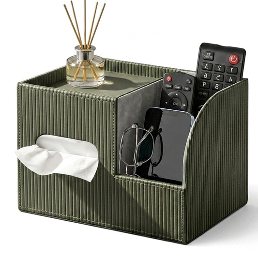 Fanousy Modern PU Leather Cube Tissue Box Cover with Storage Tray, Multifunctional Remote Control Holder & Facial Tissue Dispenser Organizer for Nightstand, Bathroom, Bedroom, Office & Home Decor