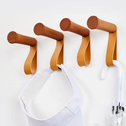 CoolCedar Adhesive Wall Hooks 6Pack Wood Hat Hooks Coat Rack Wall Mounted Extended Wooden Pegs for Hanging Keys, Cups, Baseball Caps, Pictures, Hat Hangers Rack with Leather (6Pack, Cherry-6cm)