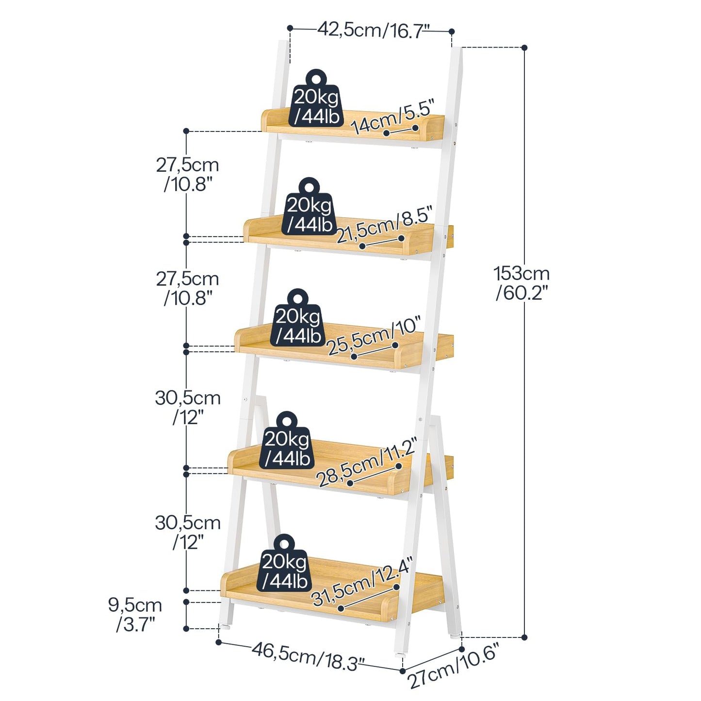 HOOBRO Small Bookcase, Ladder Shelf, 5-Tier Wall-Leaning Shelf, Freestanding Storage Rack, Display Stand, for Living Room, Home Office, Balcony, Bedroom, White and Natural WN151CJ01
