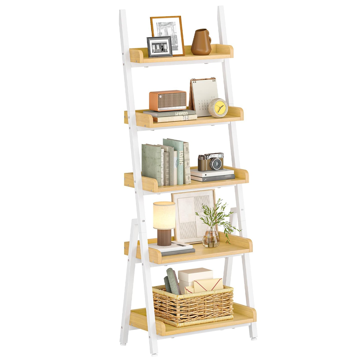 HOOBRO Small Bookcase, Ladder Shelf, 5-Tier Wall-Leaning Shelf, Freestanding Storage Rack, Display Stand, for Living Room, Home Office, Balcony, Bedroom, White and Natural WN151CJ01