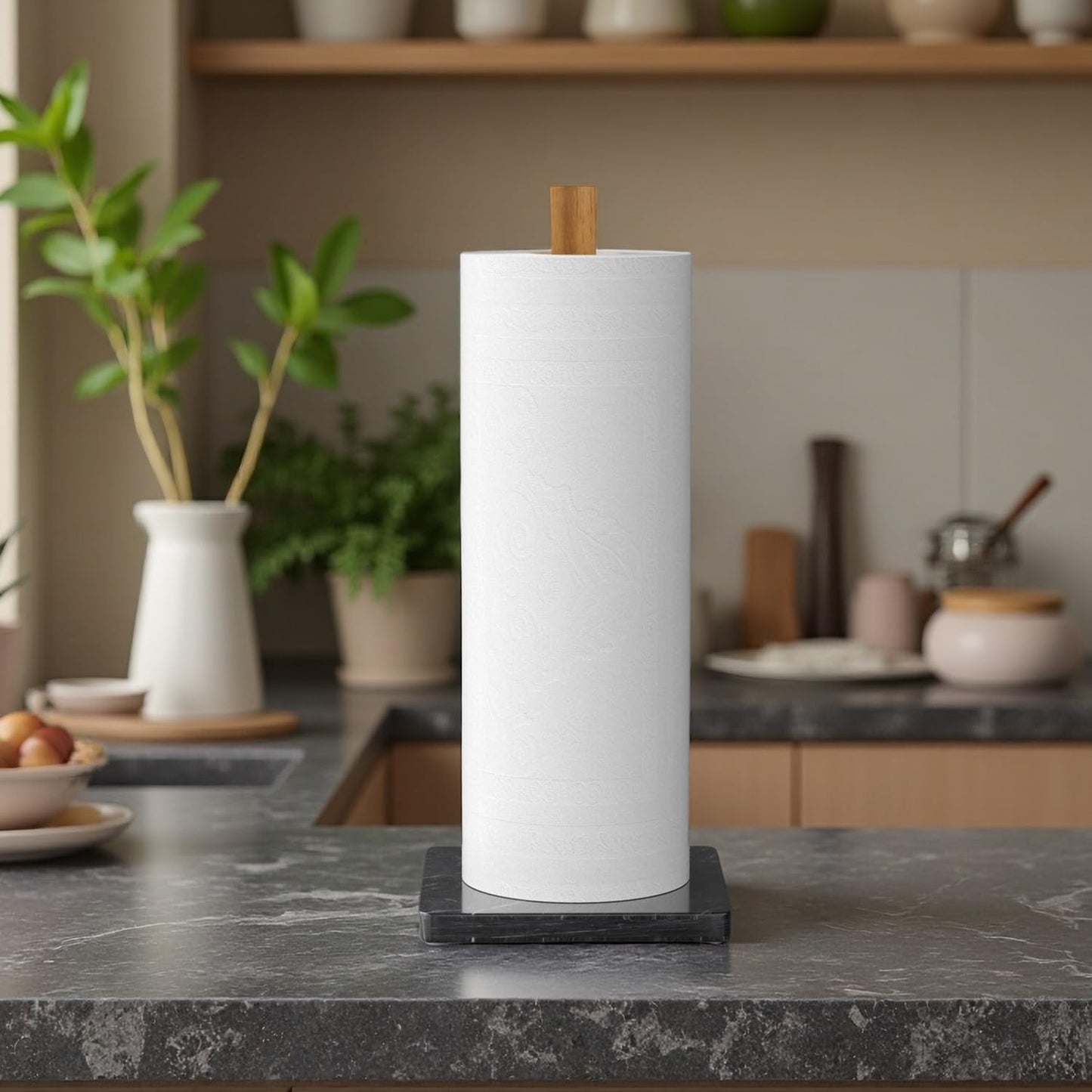 Buruis Wood Paper Towel Holder, Marble Base Modern Decorative Countertop Standing Rolls Holder for Kitchen, Toilet, Pantry and Bathroom (Square Marble Base Black)