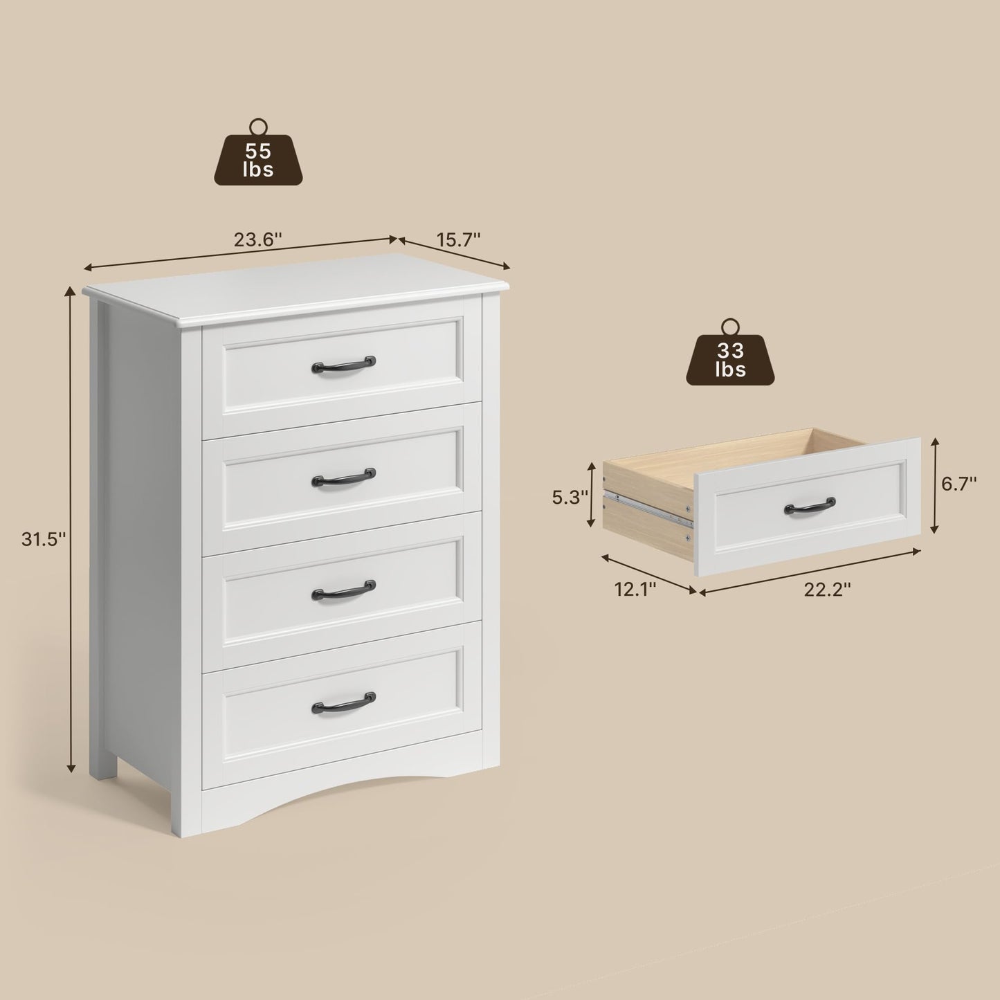 Gizoon Dresser for Bedroom with 4 Drawers Wooden Chest of Drawers for Closet Dresser Storage Unit Organizer for Hallway Living Room and Office, White, Painted