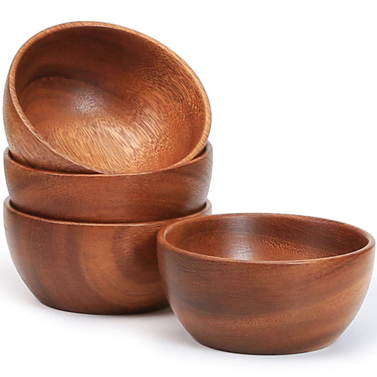 MeowAroma Solid Acacia Wood Bowls Set of 4, 4 Inch Wooden Serving Bowls - Handmade Ramekins for Dips, Charcuterie Board, Snacks & Salads | Farmhouse Kitchen Decor & Gift Idea