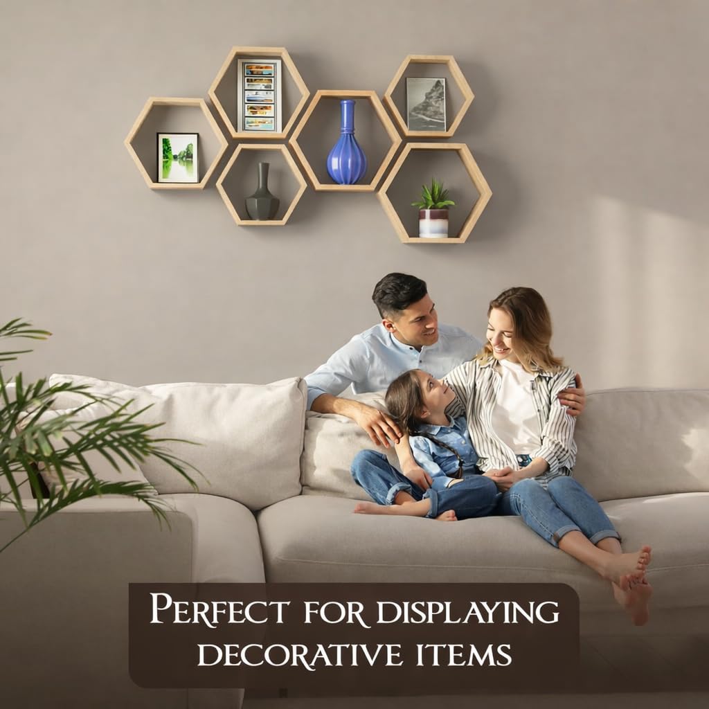 Decovate Hexagon Floating Shelves Set of 6 Honeycomb Shelves for Wall, Wooden Hexagon Shelves for Farmhouse Storage. (Natural Wood)