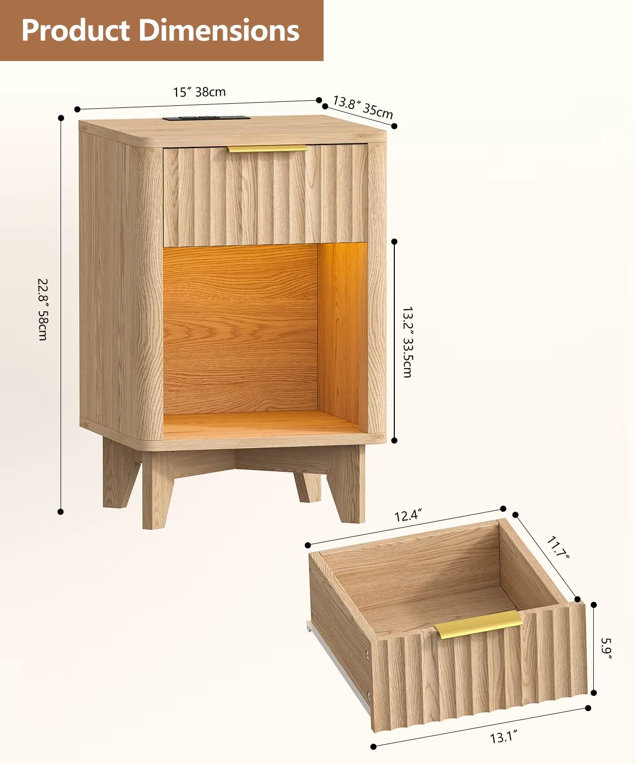 Zeibospri Fluted Nightstand Set of 2, Wooden Night Stand with Charging Station and LED Light, Modern Mid Century End Table with Drawer, Bedside Table for Bedroom, Natural Oak