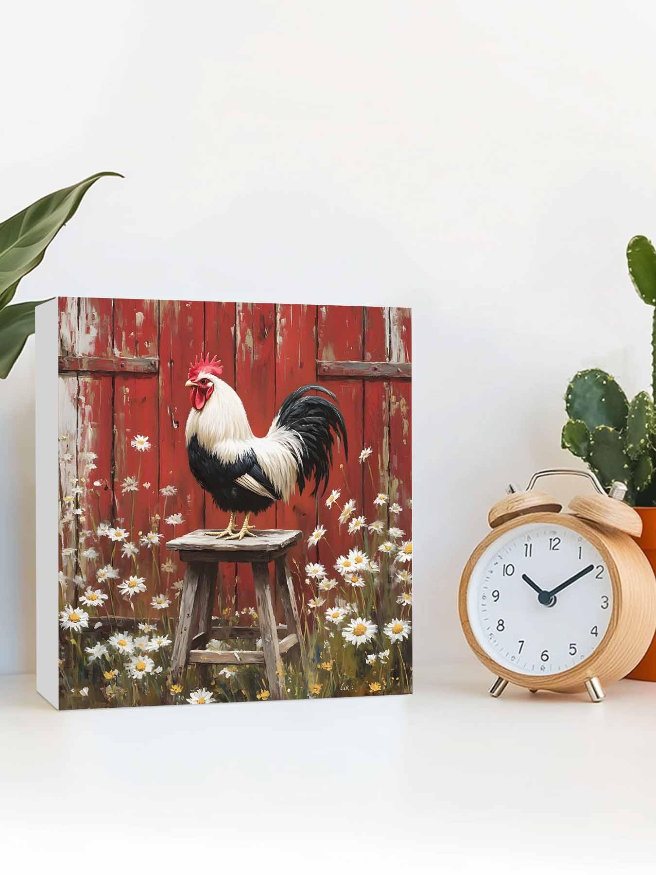 Wood Box Sign Desk Decor, Rustic Farmhouse Rustic Red Barn Rooster Wildflowers Decorative Wooden Block Box Sign Decorations for Home Office Shelf Table Decor 6x6 Inches
