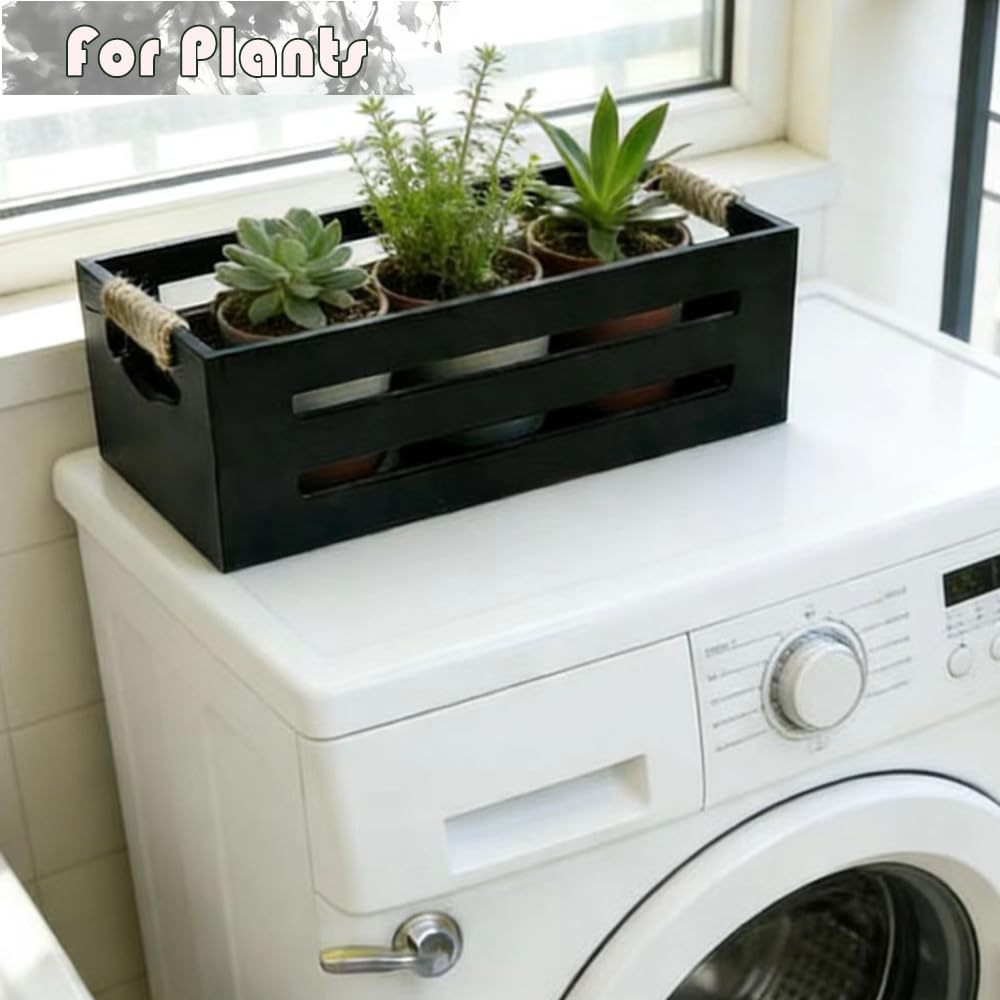 2Pack Wooden Bathroom Storage Crates with Rope Handles - Rustic Farmhouse Toilet Tank Topper Organizer Bin for Toilet Paper, Bathroom Decor, Kitchen Countertop & Home Organization (Black)