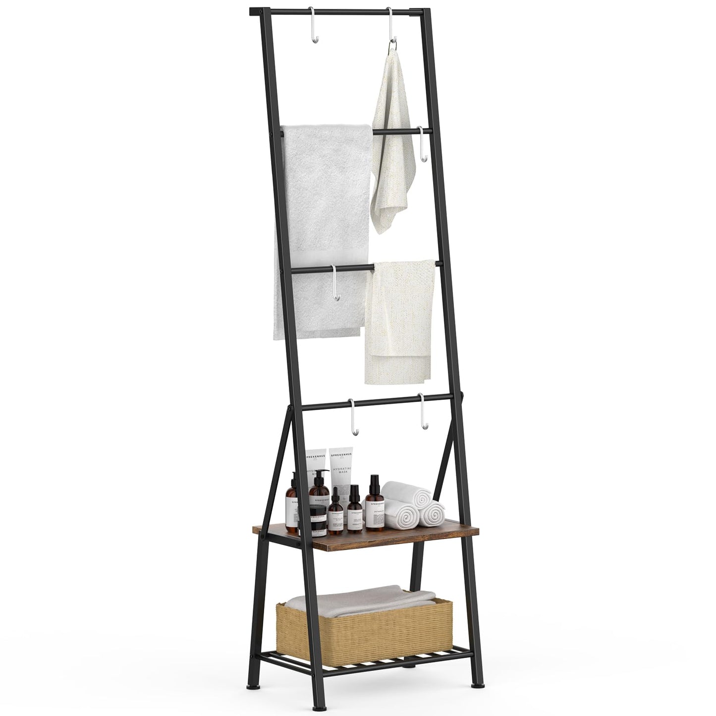 CADUKE Blanket Ladders for the Living Room, 6-Tier Rustic Blanket Rack Decorative Stand, Quilt Display Holder, Freestanding Towel Rack with Metal Frame, Wooden Shelf & 8 Hooks for Bedroom Bathroom