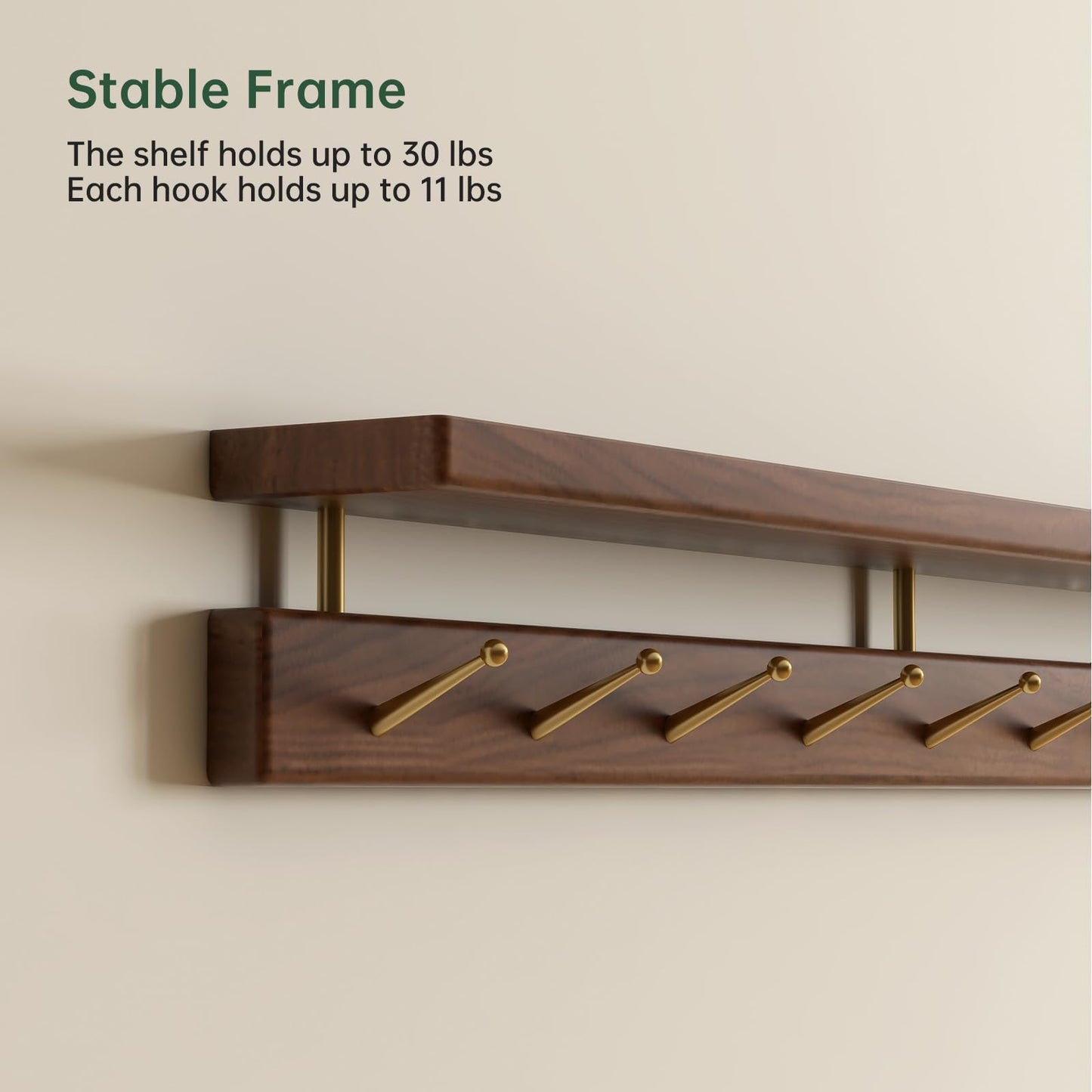 Wayshome Walnut Wall Hooks with Shelf, Coat Rack Wall Mount, Entryway Hanging Shelf with 9 Brass Hooks for Hats, Clothes, Towels, Bags, Black Walnut Wood, Natural