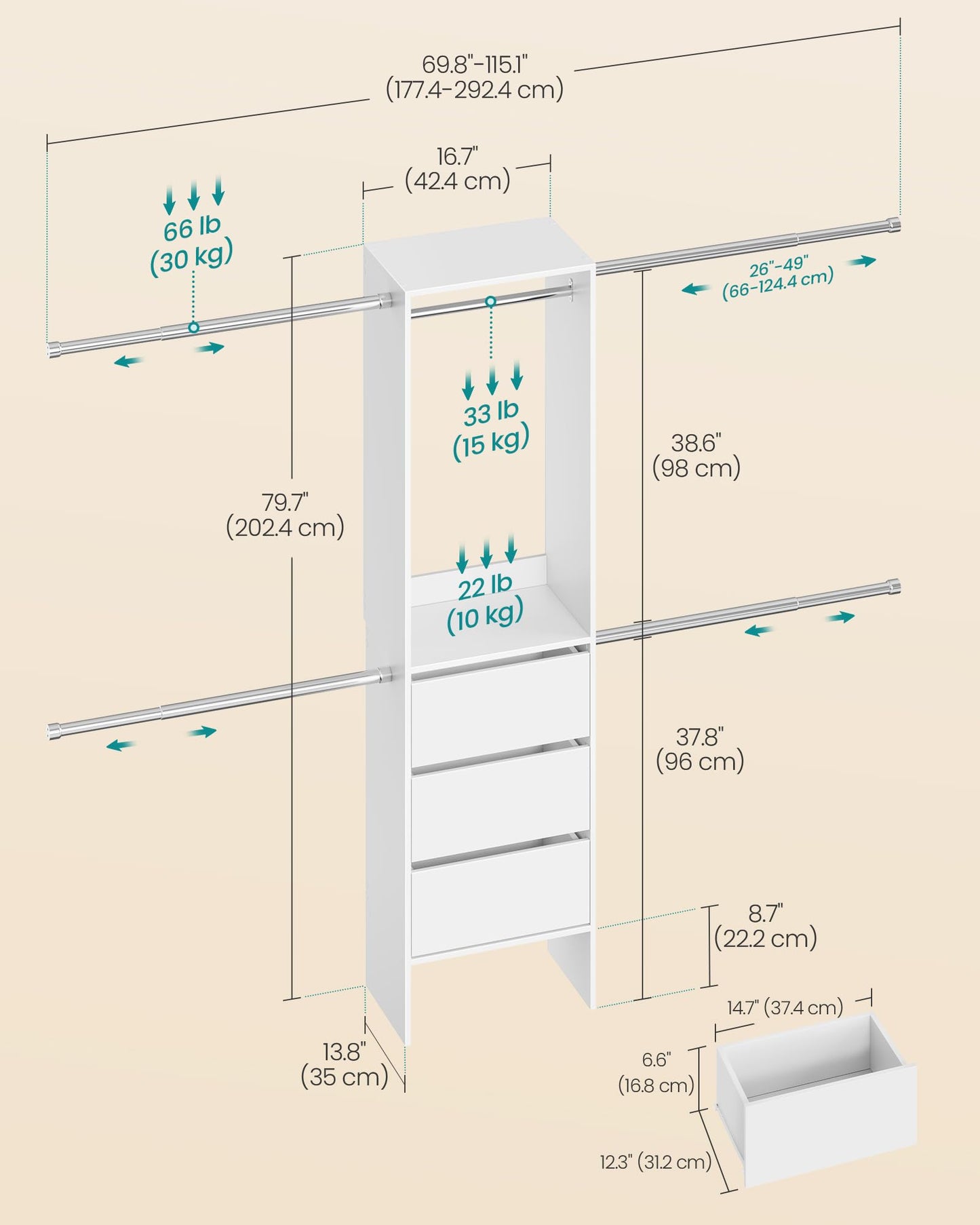 SONGMICS Closet System, Customizable Walk-In Closet Organizer System with Adjustable Hanging Rods and Drawers, White, Fits Spaces 4-9.6 ft Wide URGR042WZ01S