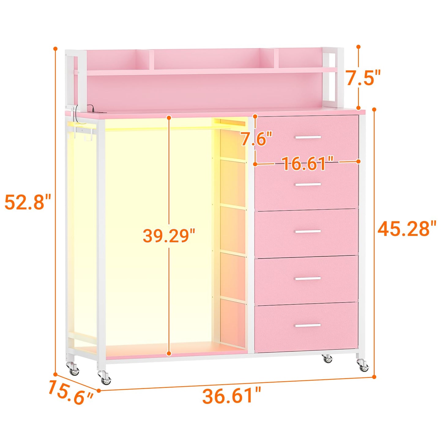Cyclysio Clothes Rack with 5 Drawers and Shelf, Garment Rack with Charging Station & LED Lights, Fabric Chest Shelves Clothing Hanging Rack, Wooden Portable Wardrobe Closet