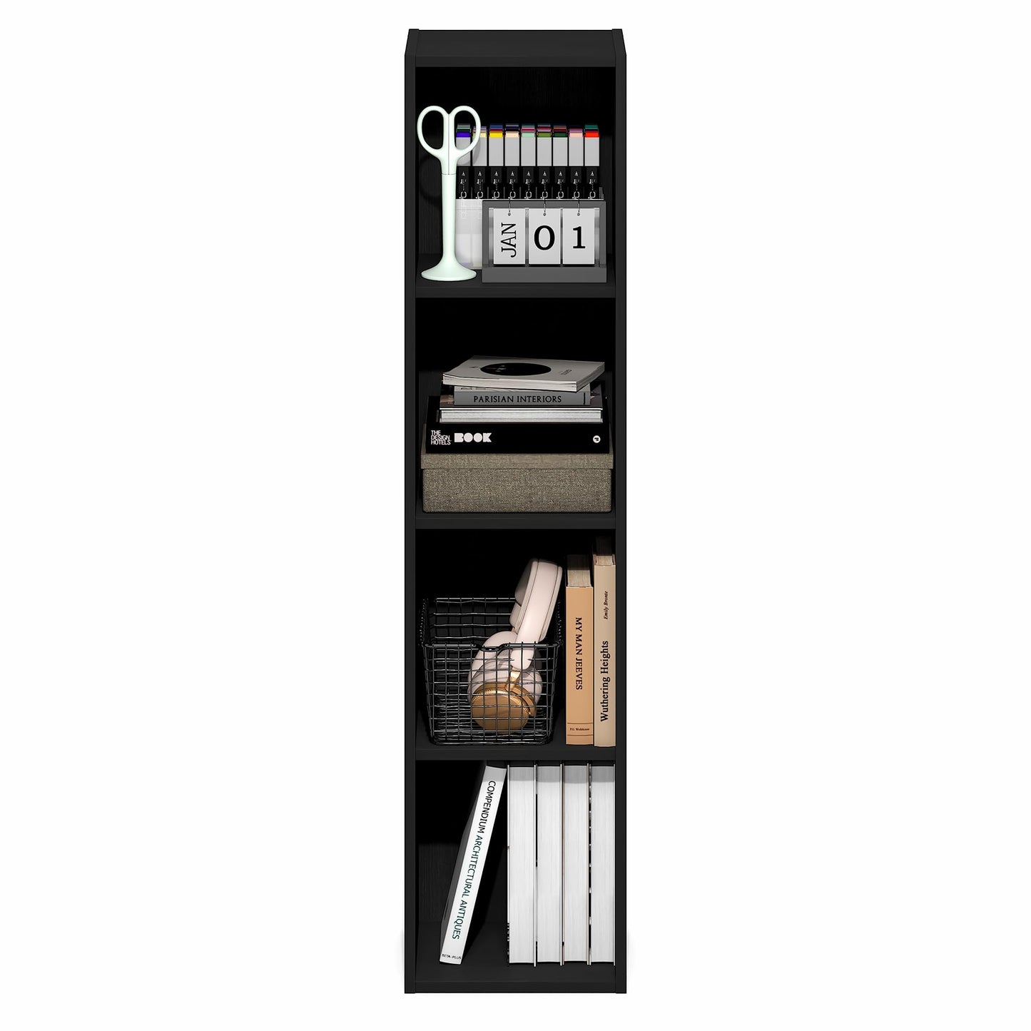 Furinno Fulda Book Shelf, 4-Tier Narrow Bookshelf, Standing Bookcase with 10-in Width Storage Shelf, 9.3 x 9.8 x 41.6, for Organization and Storage, for Living Room, Bedroom, Home Office, Blackwood