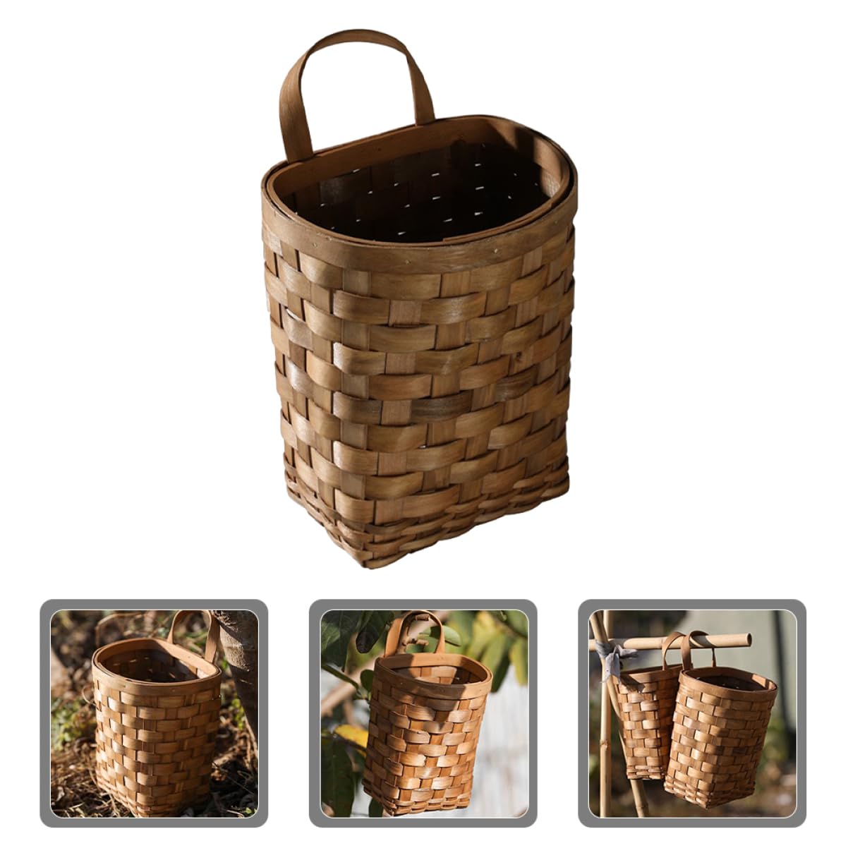 BESPORTBLE Wooden Wall Flower Basket Small Woven Basket Bread Basket Jute Hanging Basket Garlic Basket Hanging Wall Basket Wall Mount Baskets Potato Onion Storage Basket Wicker Vase, 25X17X13.5CM