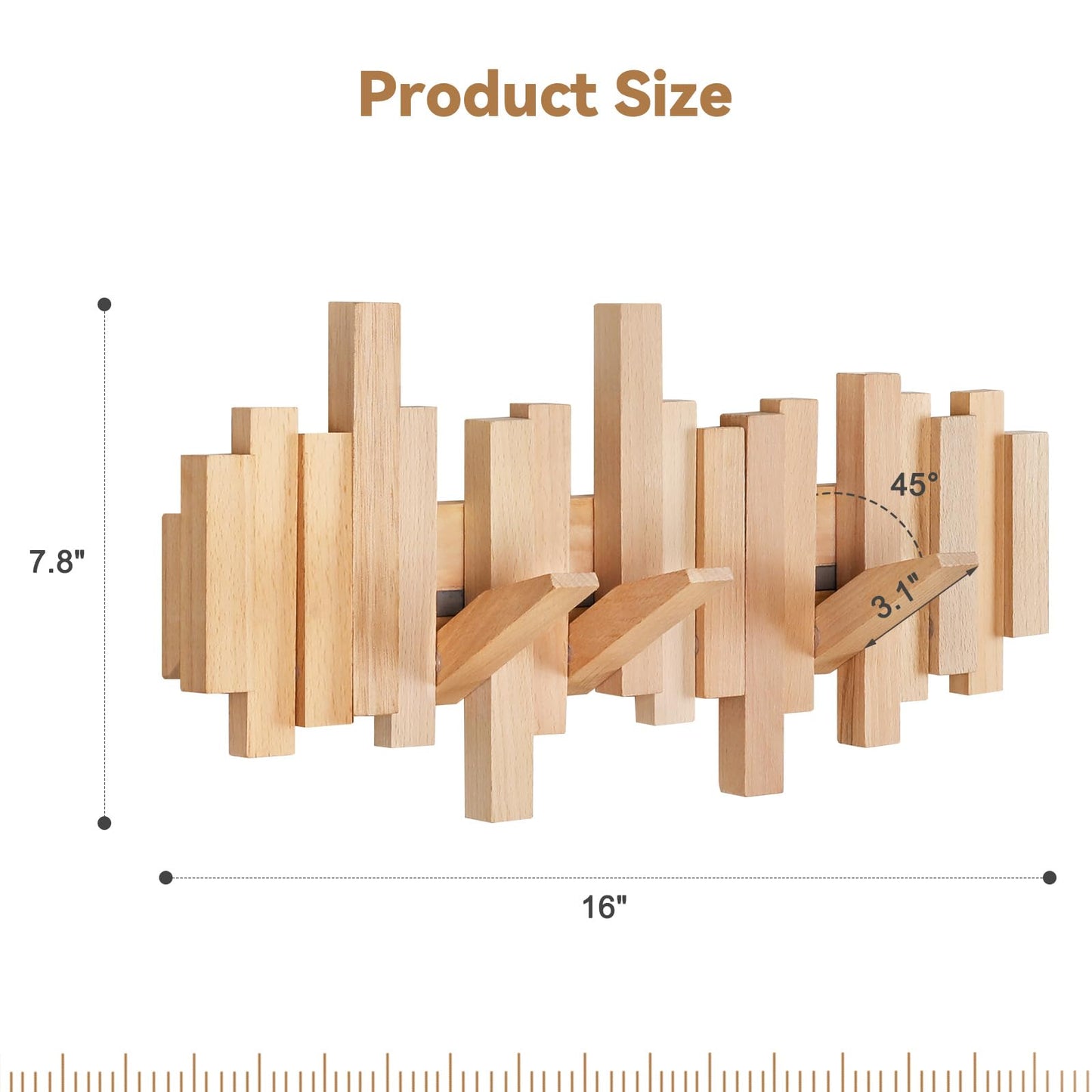 Ufine Wood Wall Mounted Coat Rack with 6 Flip-Down Hooks 16 Inch Wall Hooks for Hanging in Entryway, Bathroom, Home Office